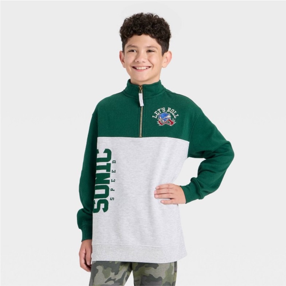 Sonic the Hedgehog Green and Gray Quarter Zip Fleece Sweatshirt